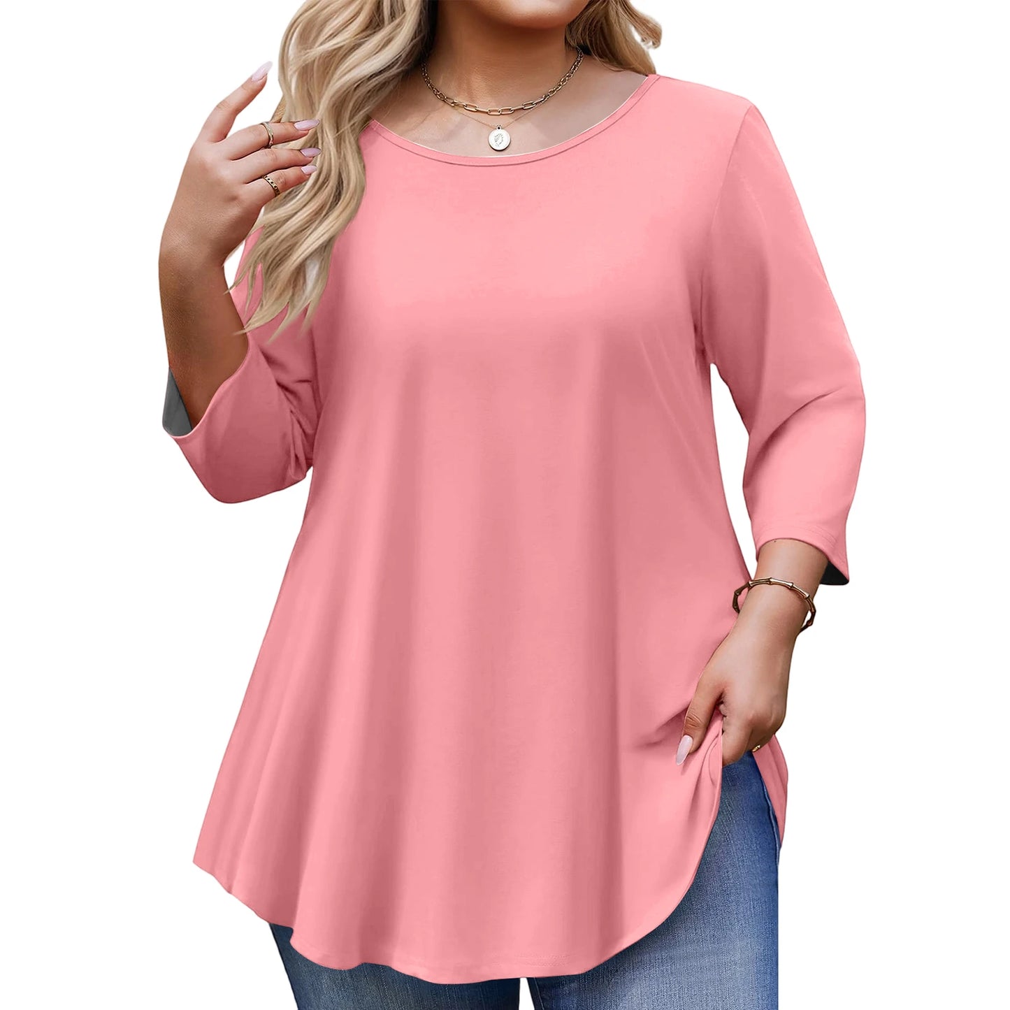 Spring Fall Women's Plus Size Long-sleeved Top, Solid Color Round Neck Curved Hem Loose T-shirt Spring Autumn Casual Top Mujer