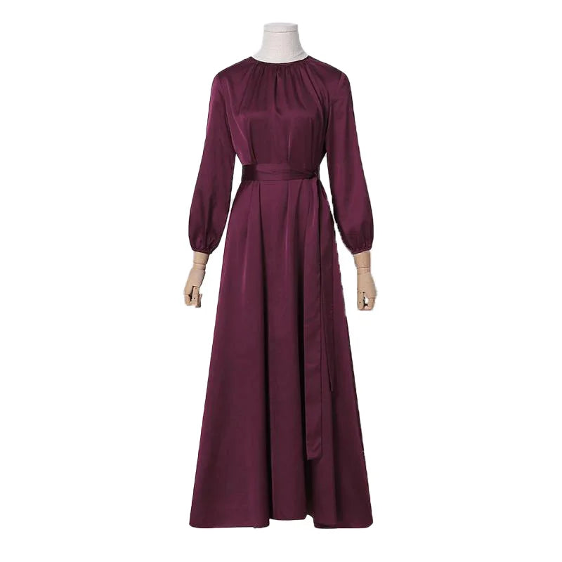 Muslim Daily Casual Solid Color Pullover Patchwork Long Skirt With Mid Waist Round Neck And Long Sleeves Dress