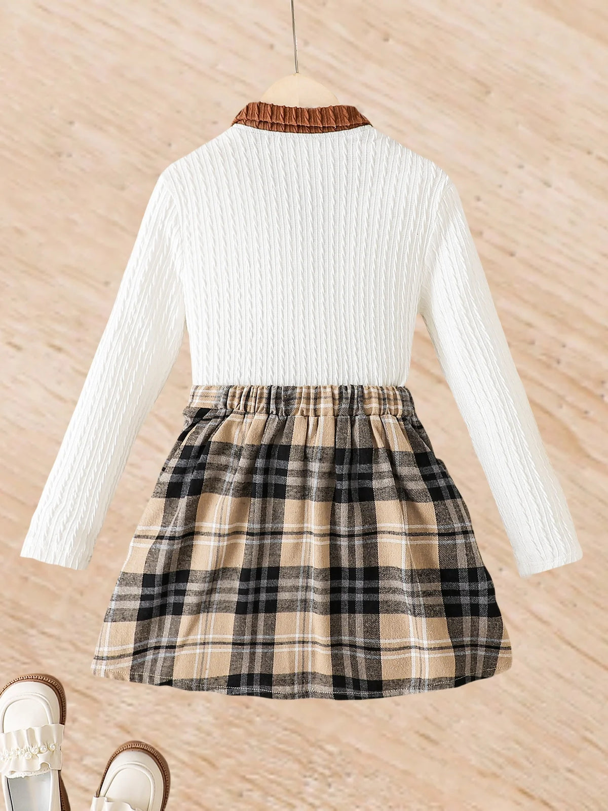 Girls Fashion Plaid Skirt Two-piece Set - Comfortable and Soft Sweater with Classic Plaid Skirt, Cute Bear Decoration