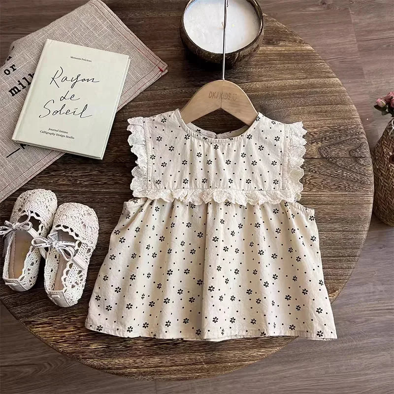 3-7Y Kids Girls Outfits Summer Floral Print Sleeveless Top and Ruffled Shorts Sets Lace Trim Soft Children Vocation Clothing
