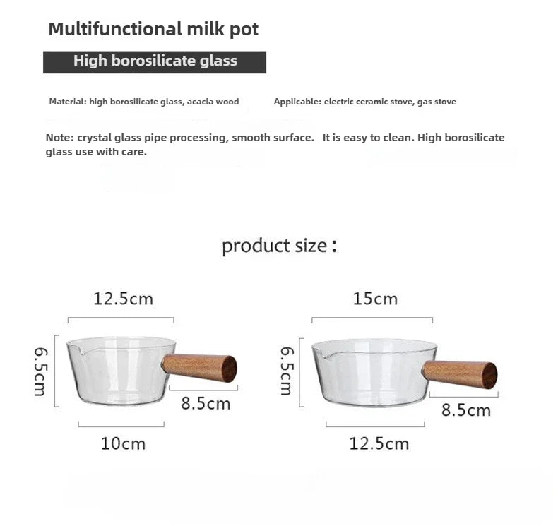 400/600ml Glass Wood Handle Practical Cute Milk Pot Soup Pan Glass Wooden Handle Pot Stable Single Handle Pots Cooking Pot Tools