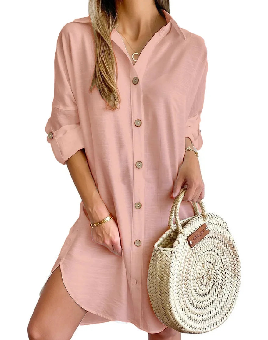 Women's Long Sve Collar Button up irt Dr High Waist Skirt Sle Casual Faion Polyester Fabric Iron Free Summer Dr