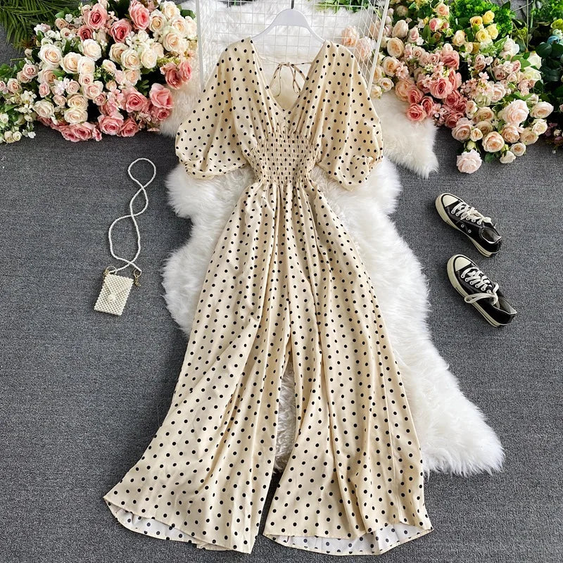 Women Wide Leg Trousers Jumpsuit V Neck Sexy Dolman Sleeves Waist Slim Polka Dot Print Jumpsuit