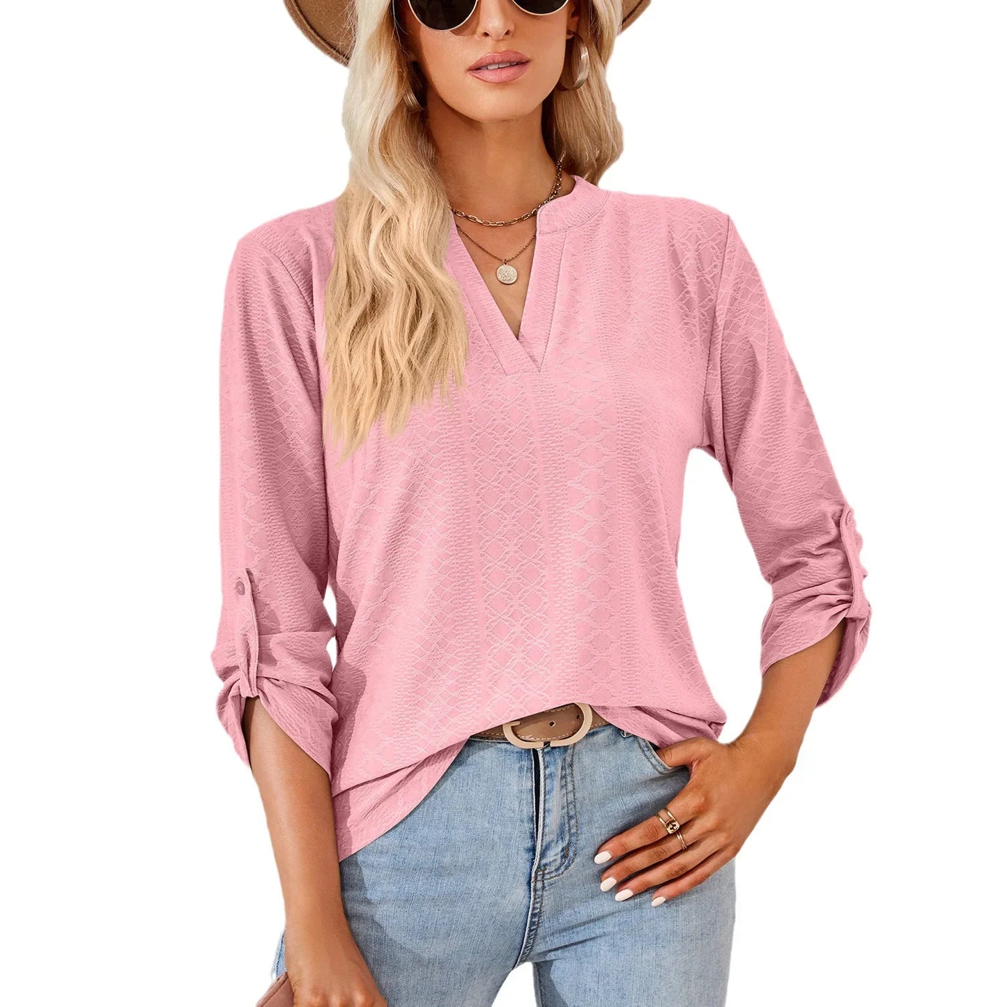 Loose Button-Up V-Neck Seven-Sleeve T-Shirt Women's Autumn Winter New Style Pure Color Casual Top Comfortable Silk Material
