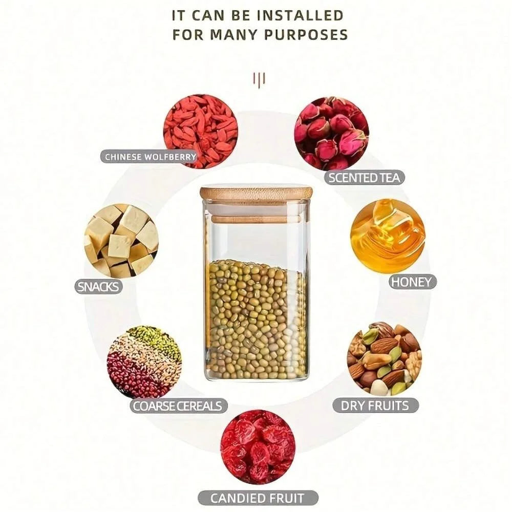 1/4/6/8/12Pcs - Square Food Storage Containers, Kitchen Spice Glass Jars, Transparent Glass Jar Set, Square Wide-Mouth Glass Storage Containers, Glass Airtight Jars, Coffee Bean Storage Containers, for Kitchen Spices, Grains,