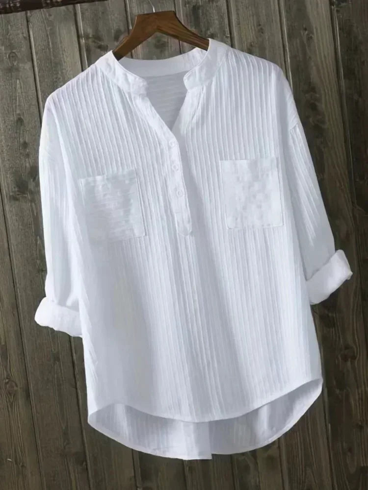 Plus Size Shirts Women's Cotton Tops Mujer Office Long Sleeve New Korean Loose Casual Vertical V-neck Shirts Top Blusas De Mujer