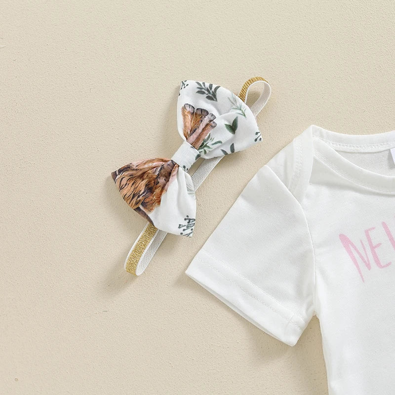 Citgeett Summer Infant Baby Girl Clothes Set Print Short Sleeve Romper Elastic Waist Pants Bow Headband Outfits