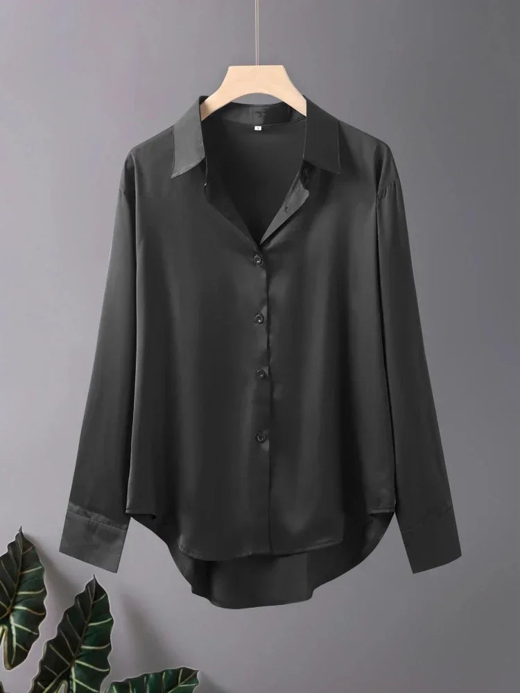 Plus Size Shirts 2025 Loose Casual Women Silk Fashion Long Sleeve Button-Down Blouse Senior Female Elegant Solid Top Office Wear