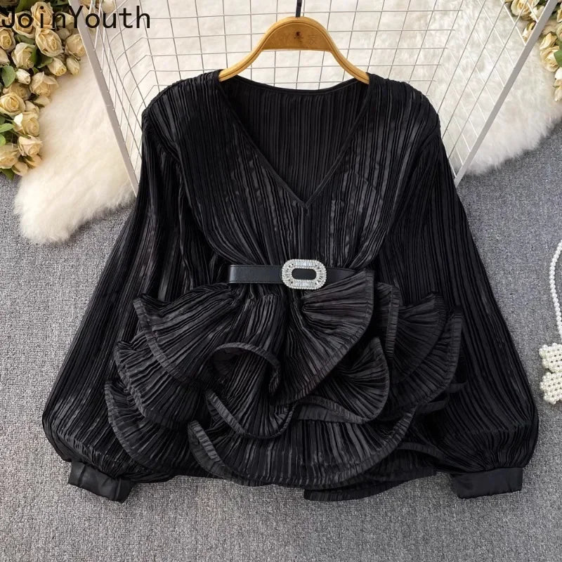 2026 Blusas Mujer De Moda Temperament Blouses Women Lantern Sleeve V-neck Slim Waist Shirts Folds Ruffles Vintage Blouse Tops