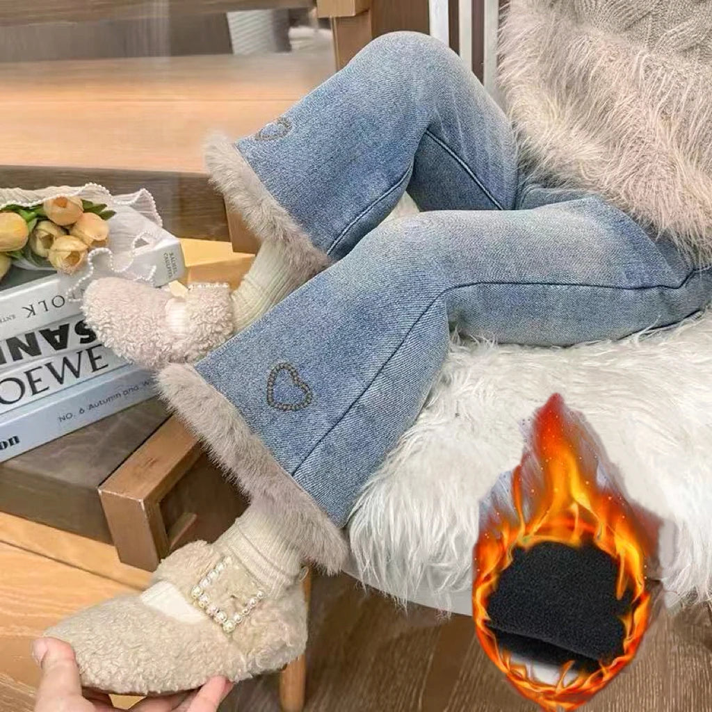Girl's Pants Fleece Jeans New Autumn Winter Clothes for Baby Girls Casual Stylish Fleece Outer Wear Flared Trousers Loungewear
