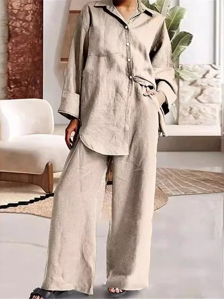 2024 Autumn New Women's Cotton and Hemp Set Solid Color Collar Shirt High Waist Wide Leg Pants Elegant Two Piece Set
