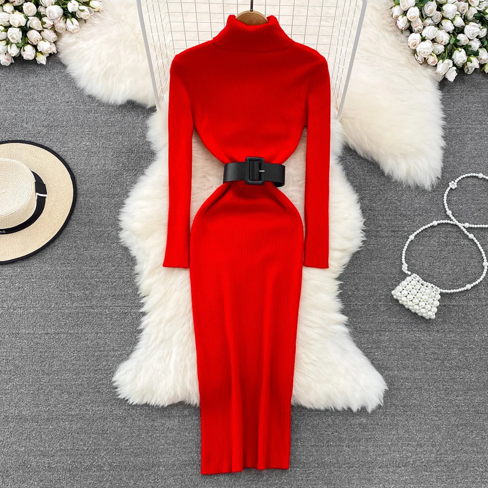 REALEFT Autumn Winter 2025 New Turtleneck Women's Knitted Dresses with Belted Long Sleeve Elegant Bodycon Wrap Dress Female