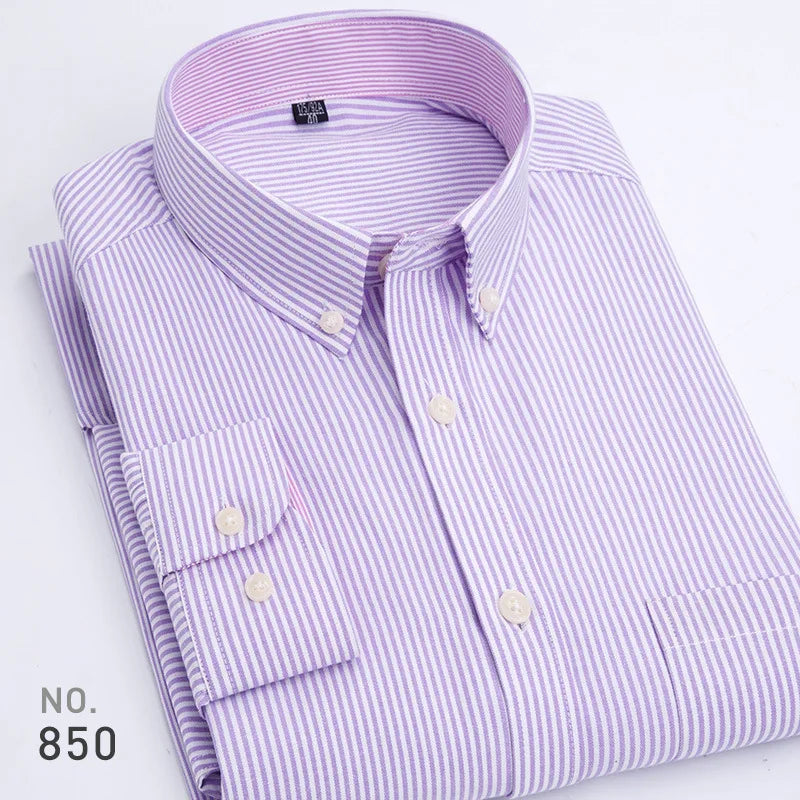 Mens Striped Plaid Oxford Spinning Casual Long Sleeve Shirt Comfortable Breathable Collar Button Design Slim Male Business Dress