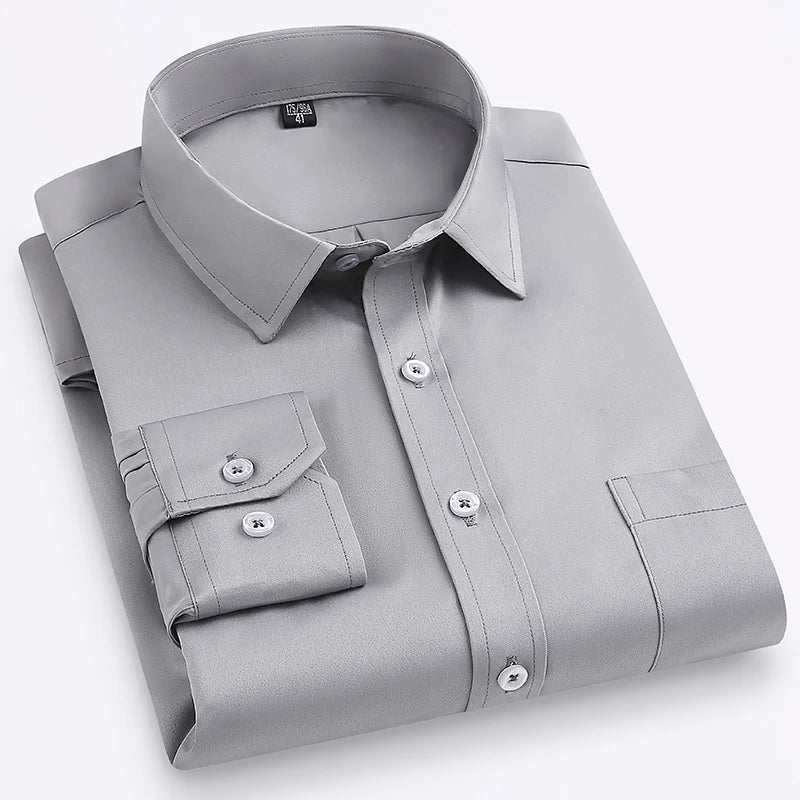 Plus Size M-7XL Elasticity Shirt Men Long Sleeve Slim Fit Casual Solid Color Luxury Shirt Social Formal Dress Shirts Man Clothes