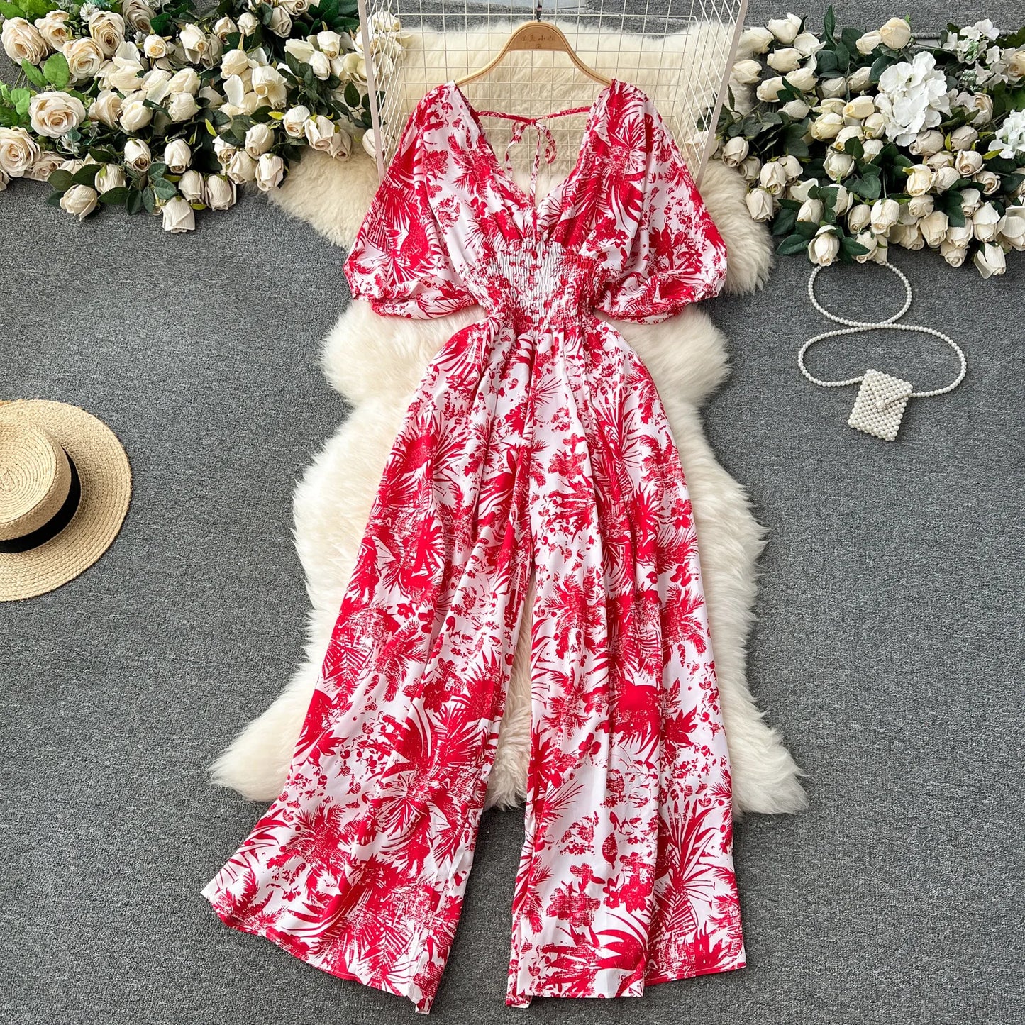 V Neck Sexy Dolman Sleeves Waist Slim Polka Dot Print Jumpsuit Women Wide Leg Trousers Jumpsuit