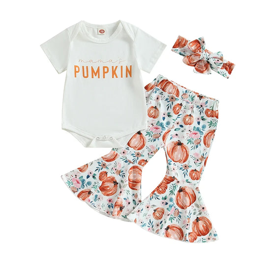 Citgeett Summer Halloween Infant Baby Girls Clothes Letter Print Short Sleeves Romper and Pumpkin Print Flare Pants Headband