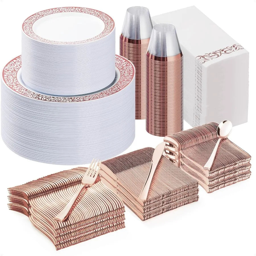 700PCS Rose Gold Plastic Dinnerware Set for 100 Guests Disposable Plates for Party Wedding Include 100 Rose Dinner Plates 100 D