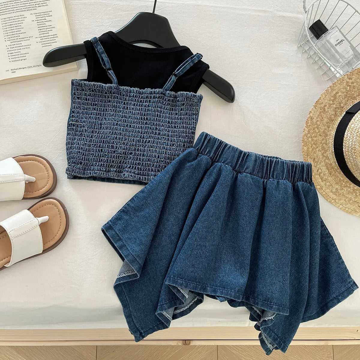 Girls' Clothing Set 2025 Summer New Sleeveless Denim Vest Top, Children's Denim Short Skirt Summer Three Piece Set