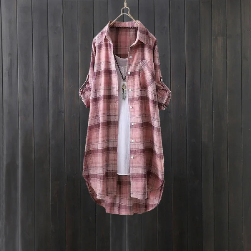 Plaid shirt women's long spring and autumn thin coat Western style long-sleeved shirt loose butt-covering cotton and linen top