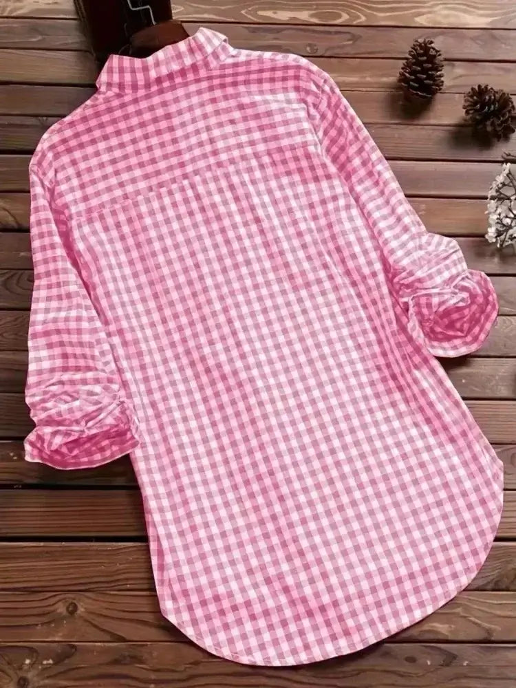Plus Size Plaid Women's Cotton Linen Long Sleeves Roll Up Striped Casual V Neck Button Down Shirts Blouses Collar Tunic Tops