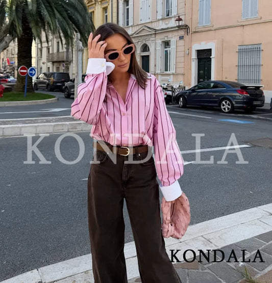 KONDALA Casual Stripes Pink Shirts Women's Trendy Vacation Buttons Lapel Shirts New 2026 Spring Summer Fashion High Street Shirt