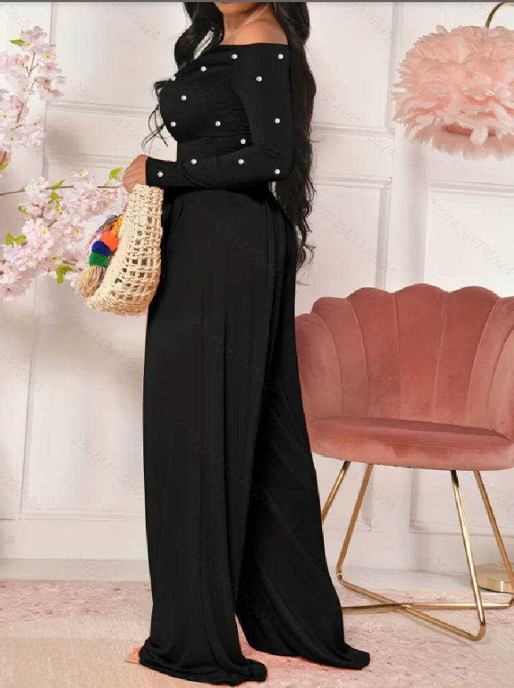 Fashionable Pure Color Off-Shoulder Pearl Long Sleeve Dress New Arrival Elegant One-Piece Suit for Women