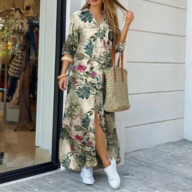 New Autumn Long Dress Long Sleeve Shirt Dress Women Denim Long Dresses Pocket Button Shirt Print Dress Casual Loose Dresses 2023