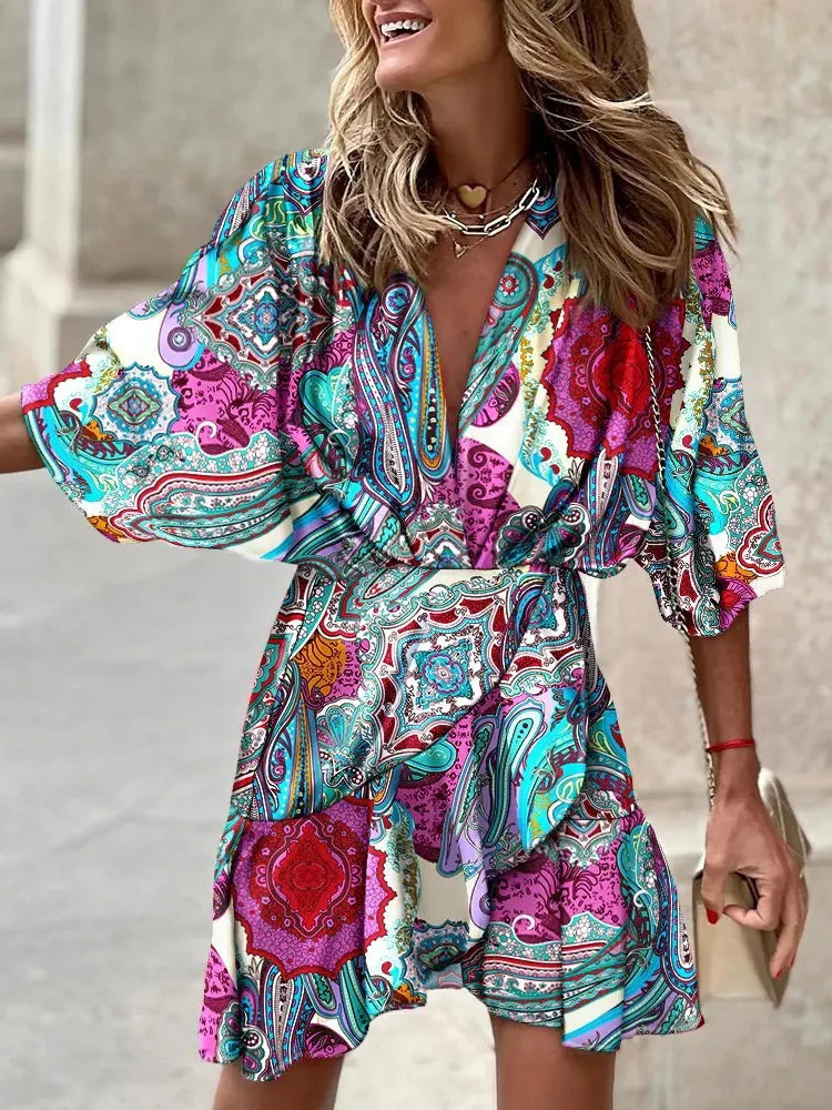 2024 Summer Women Boho Printed Long Shirts Elegant Dress Turn-down Collar Long Sleeve Female Casual Evening Maxi Dresses Party D