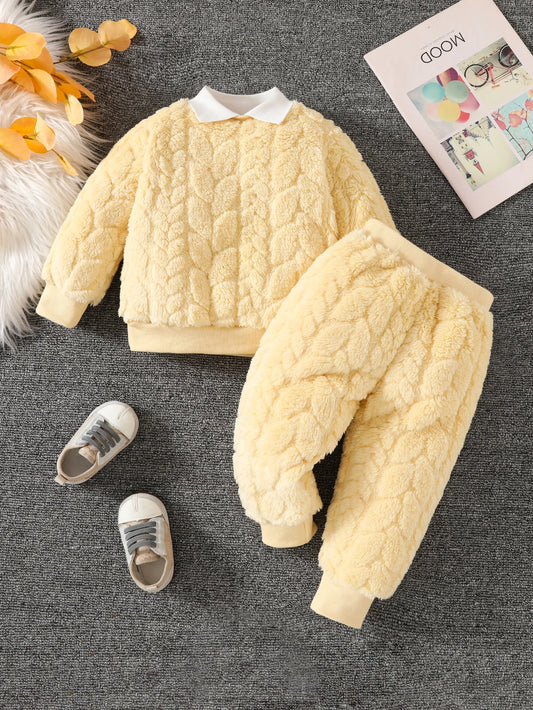 Baby Girl Casual Hot Double Jacquard Pattern Autumn and Winter Plush Long Sleeve Ribbed Collar Top and Pants Set