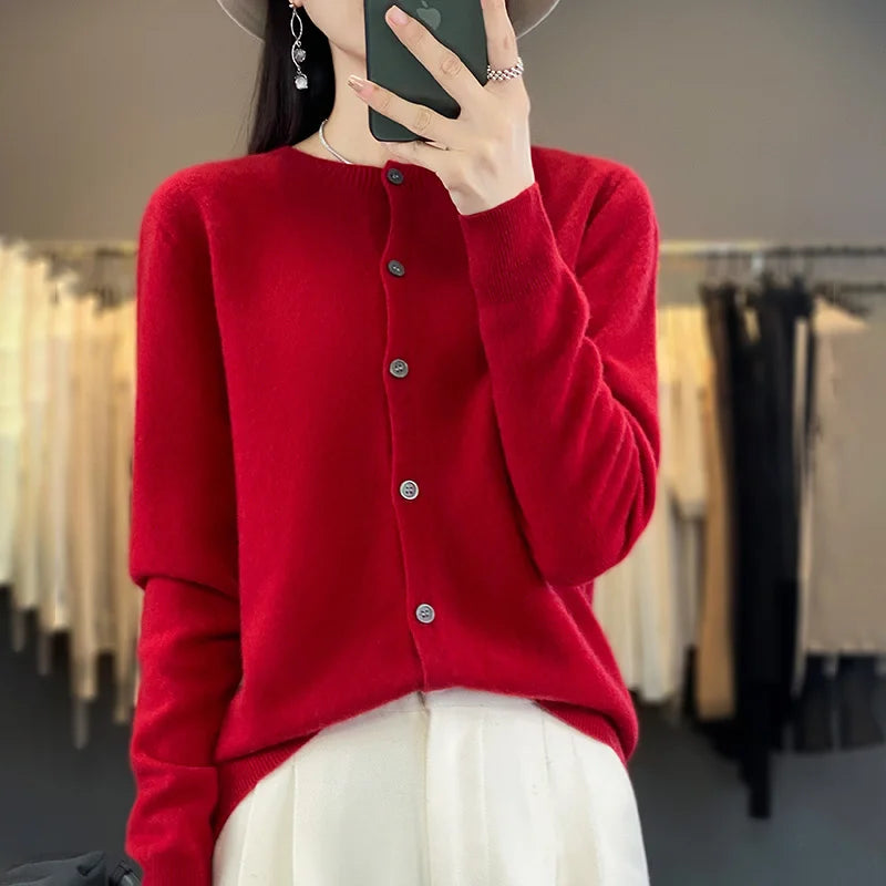 100% Merino Wool Sweater Women O-Neck Cardigan Basic Style  Buttoned Knitwear Female Casual Autumn Winter Soft Tops