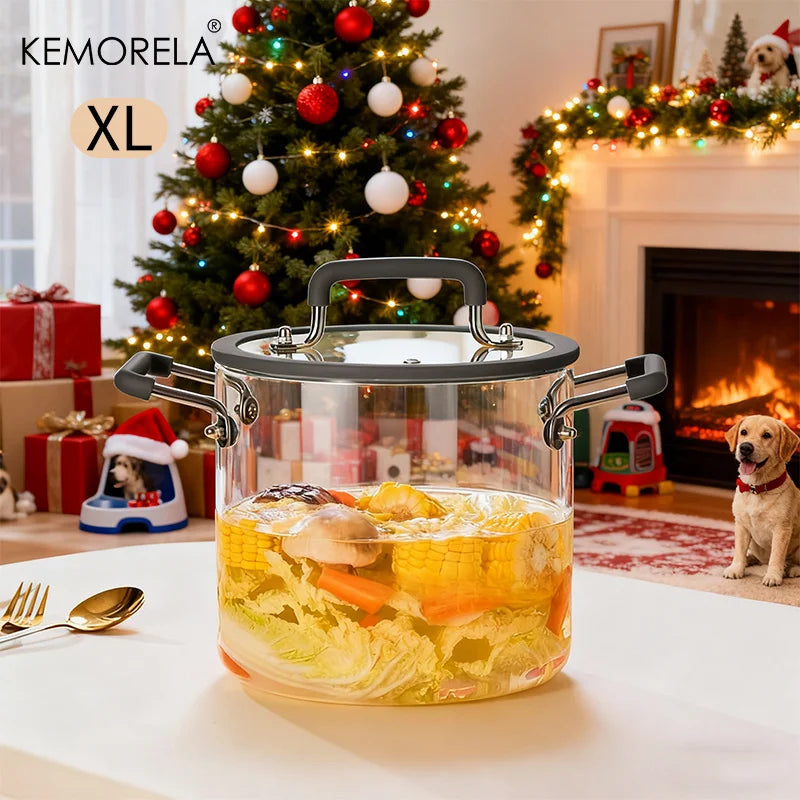 1PCS Glass Saucepan with Lid Multiple Capacity Options Heat-Resistant Glass Cooking Pot Dual Handle Soup Pot Kitchen Cooking