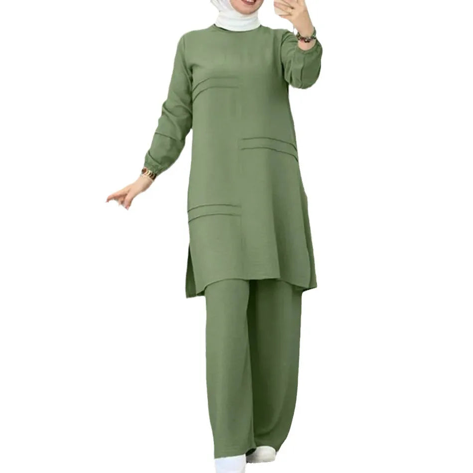 Muslim Women Long Tops Blouse Islamic Sets Women Muslim Pants Ramadan Prayer Clothes 2 Piece Set Abayas for Women Dubai