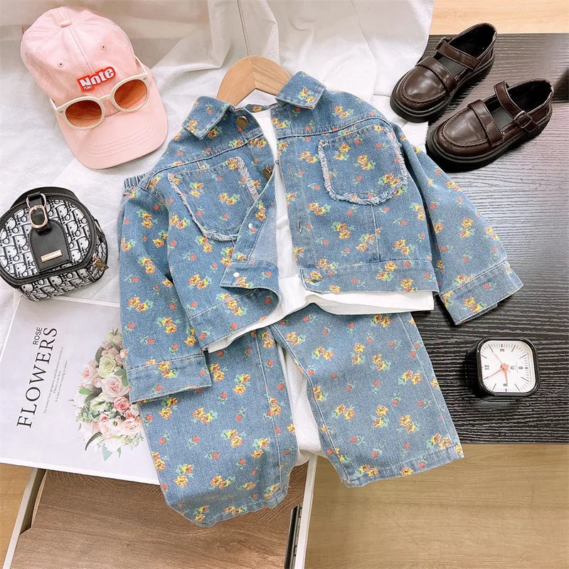 Girls' Clothing Sets 2025 Spring and Autumn New Children's Clothing Cute Denim Jacket Cardigan+ Straight Leg Jeans Kids Suit