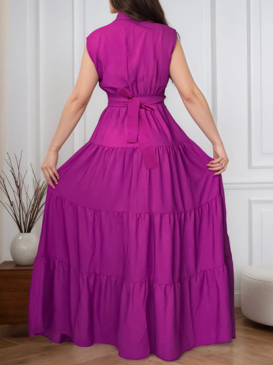 Women's Casual Solid Color Buttoned Belt Dress, Suitable for Spring and Summer