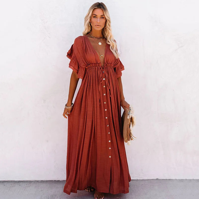 Womens Plus Size Swimsuit Cover Up Deep V Neck Bathing Suit Swimwear Bikini Coverup Long Split Kaftan Kimono Dress