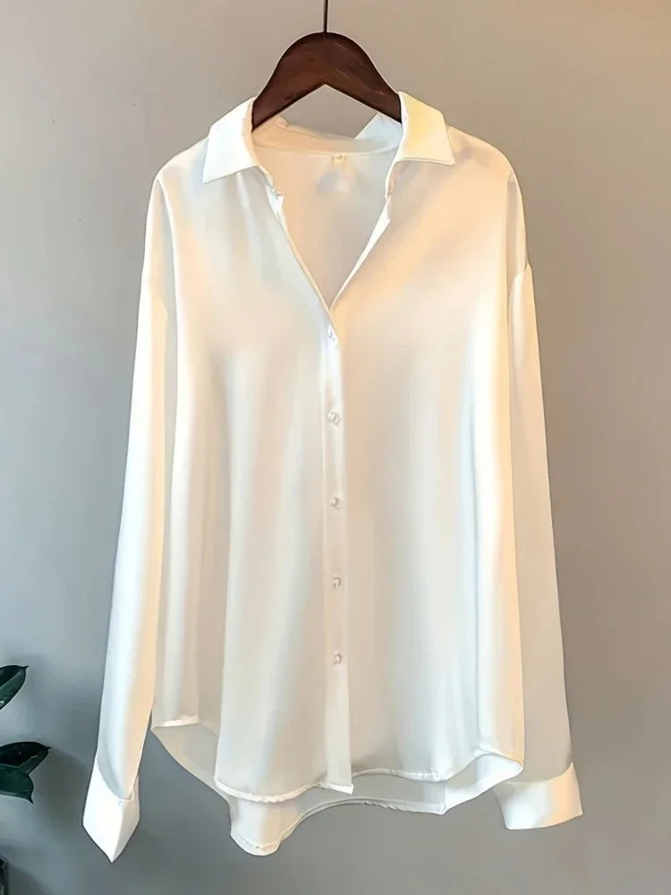 Plus Size Shirts 2025 Loose Casual Women Silk Fashion Long Sleeve Button-Down Blouse Senior Female Elegant Solid Top Office Wear