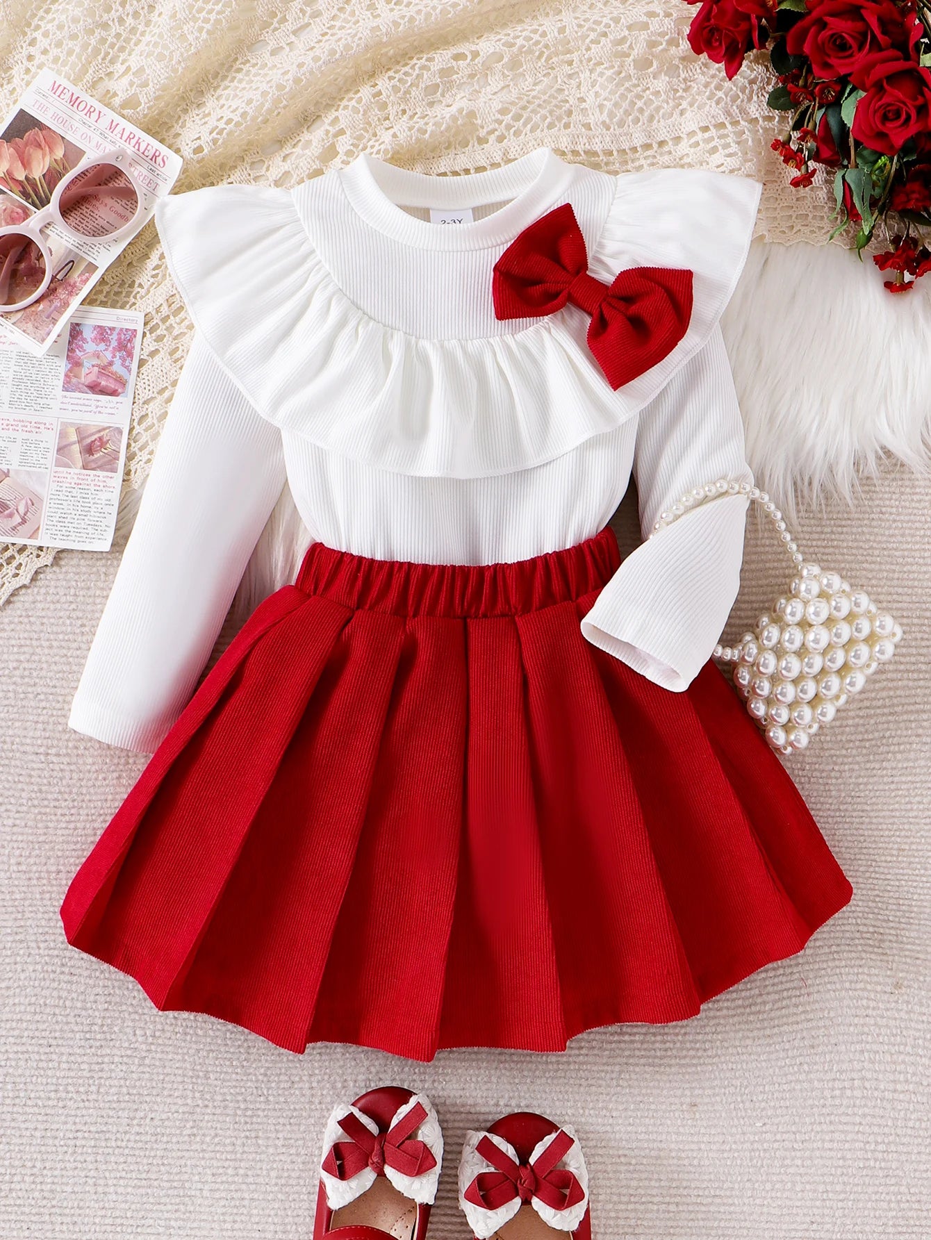 2PCS Autumn New Style Sweet And Cute Girl Baby White Bow Lace Long-Sleeved Top + Rose Red Solid Color Pleated Short Skirt