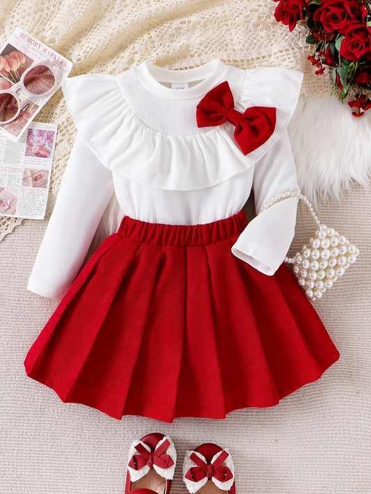 2PCS Autumn New Style Sweet And Cute Girl Baby White Bow Lace Long-Sleeved Top + Rose Red Solid Color Pleated Short Skirt