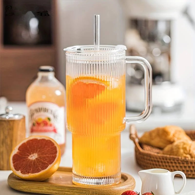 600ML Stripe Glass Coffee Cup With Handle And Lid Cover Straw Transparent Drinking Glasses For Juice Iced Coffee Mugs Drinkware