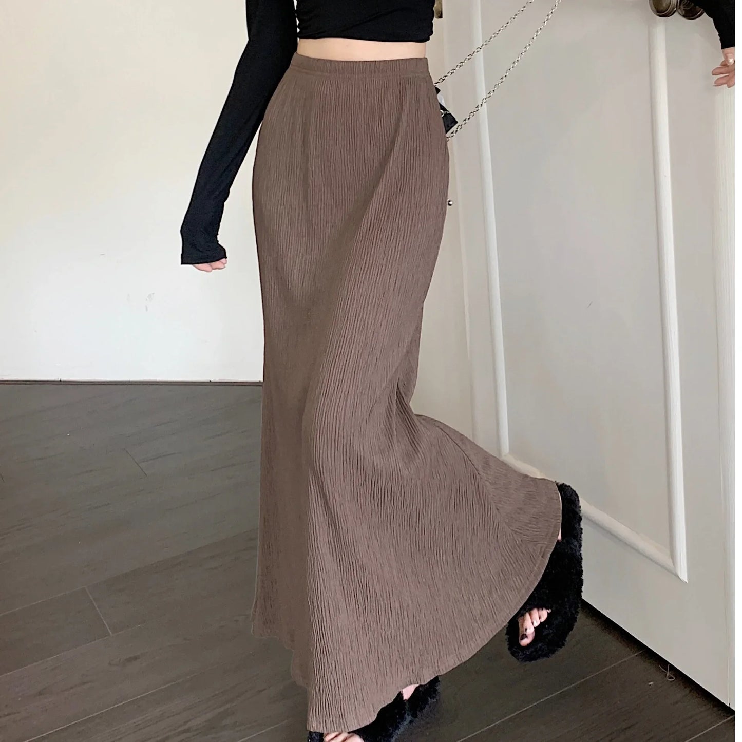 High Waist A- Line Pleated Skirt Women's Casual Lazy Style Spring Summer New Slimming Midi Dress Polyester Fiber Plain Color