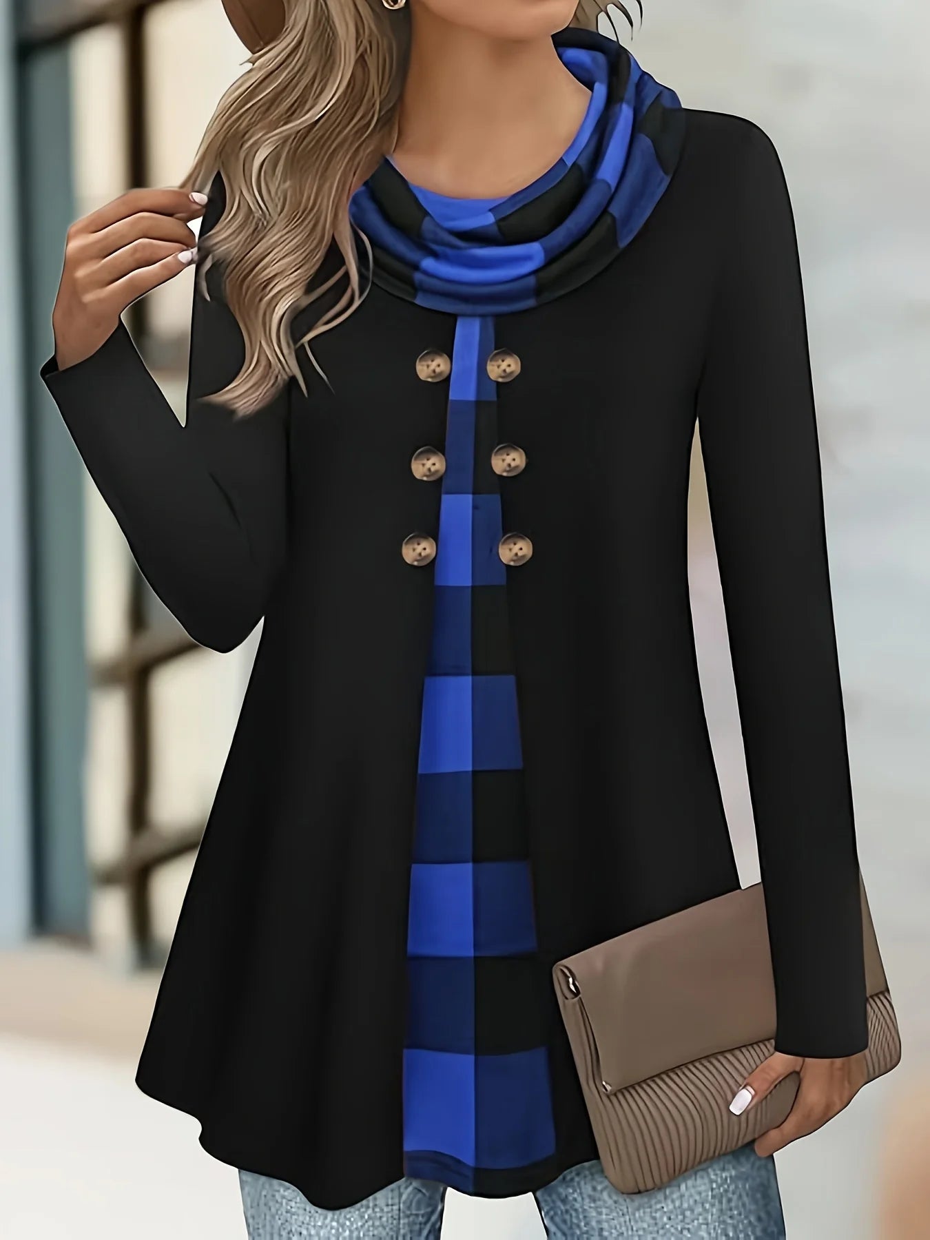 European and American fashion plaid print fake two-piece pleated scarf wild button plus size women's thin long-sleeved T-shirt