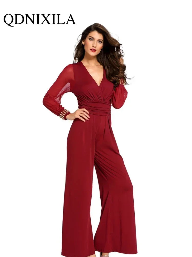 New In Spring Summer Women's Jumpsuit Black V-neck Mesh Splicing Straight One-piece Female Jumpsuit Sexy Streetwear Clothes