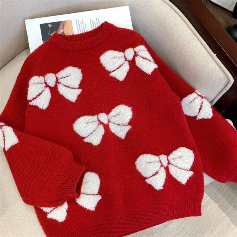 Girls Sweater Fashion Children's Clothing Plush Knitted Winter Wear New Girls Red Christmas Thickened Sweater Kids 8 10 14 Years