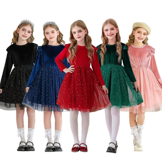 2025 Ruffle Style Long-sleeved Stars Mesh Spliced Dress Princess Christmas Party Performance Clothes Children's Winter Clothing