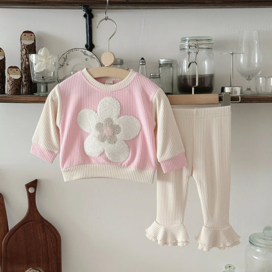Baby Boys Girls Spring Autumn Clothes Set Cartoon Pink Flower Patch Embroidered Korean Style Tracksuit Tops Bell Bottom Pants