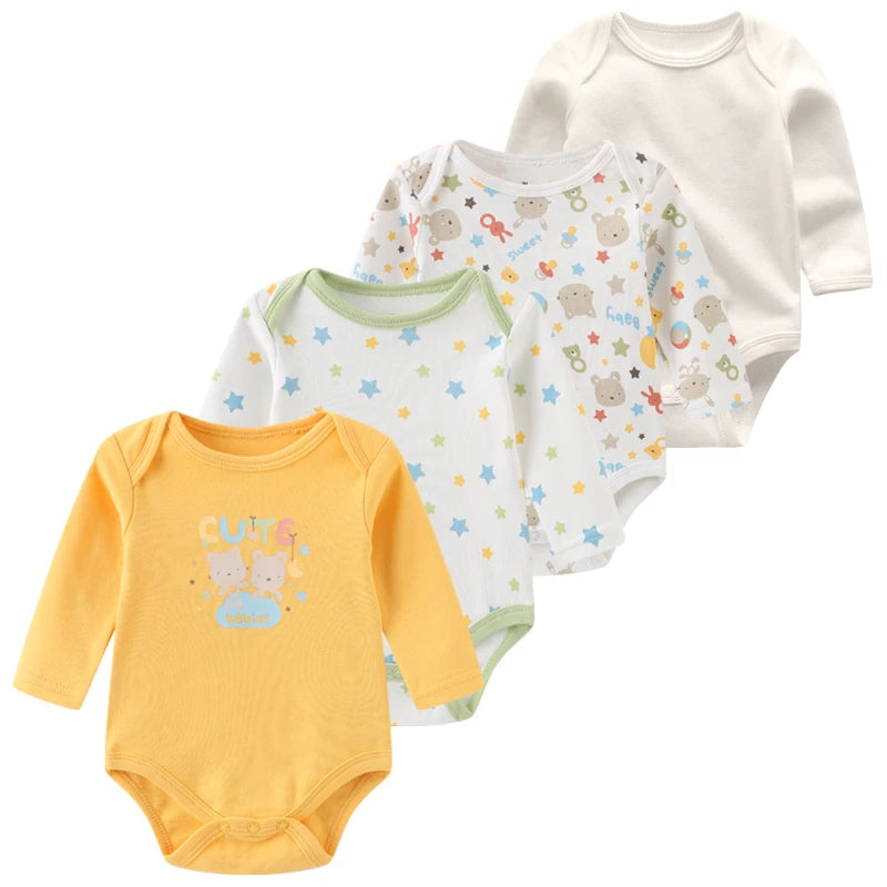 4Pieces Unisex Cotton Baby Girl Clothes New Born Long Sleeve Baby Boy Clothes Sets Print Anmial Bodysuit Solid Color Bebes