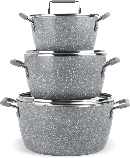 Gray Nonstick Pots and Pans Set, 6-Piece Stackable Cookware with Lids, Dishwasher Safe and Toxin Free