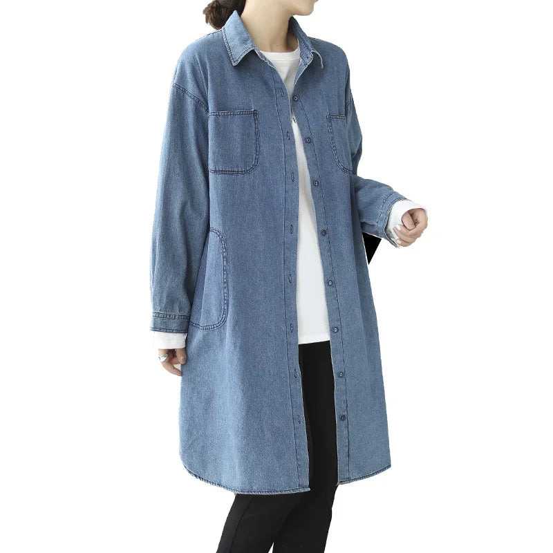 Spring Autumn Loose Large Size Faionable Cotton Denim irt Women's Mid-Length Sve Long Outerwear Trendy Button ket