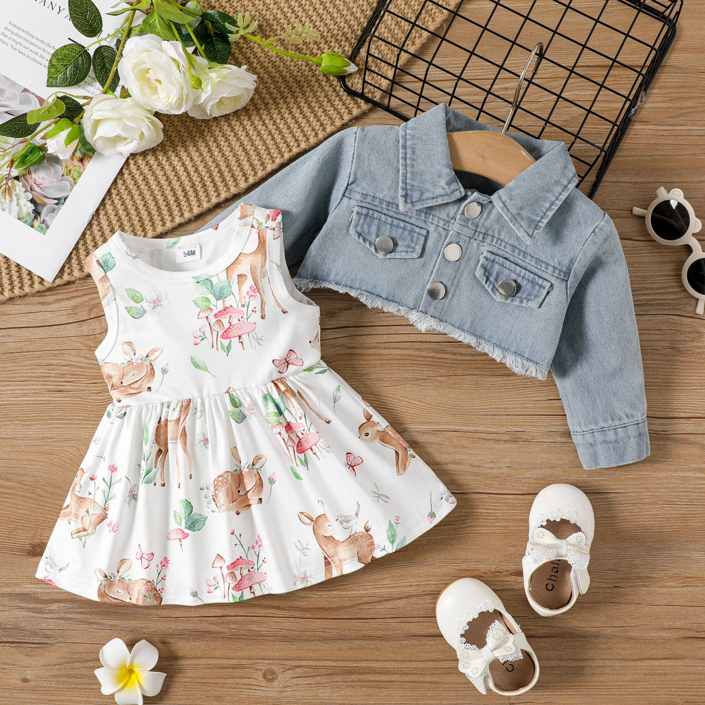 Prowow Fall Winter Baby Girl Denim Outfit Set Turn-down Collar Jeans Jacket+Deer Printed Dress Newborn Baby Birth Clothing