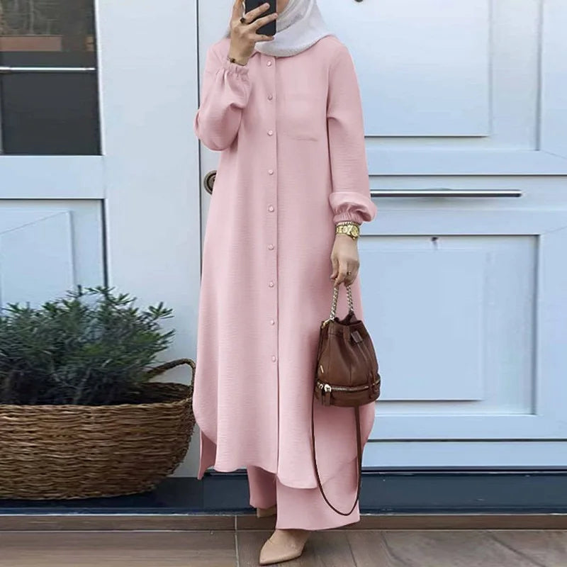 Muslim Arabian Fashion 2pcs Clothes Suits Spring Autumn Women Long Shirts+trousers  Abaya Femme Musulman Eid Mubarek Outfits